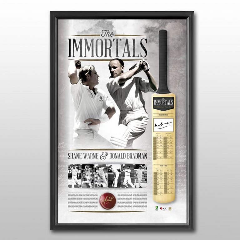 Cricket The Immortals Shane Warne & Sir Donald Bradman Signed & Framed Bat/Ball Taylormade
