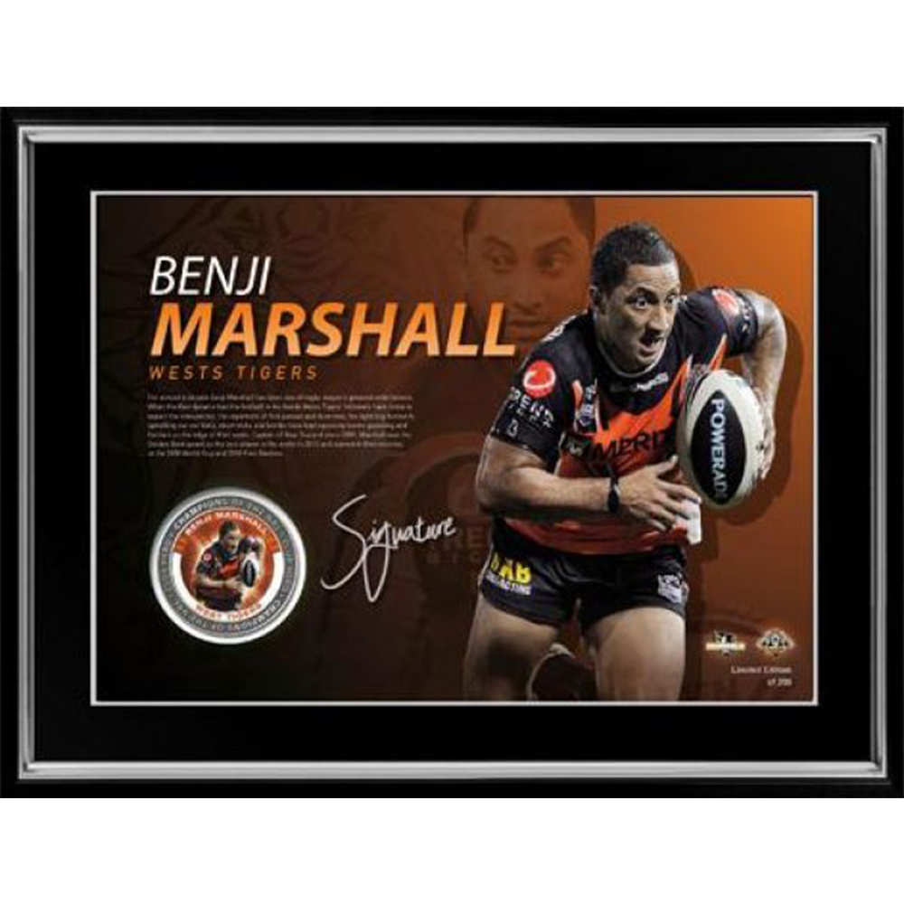 Wests Tigers – Benji Marshall Signed & Framed Medallion Prin...