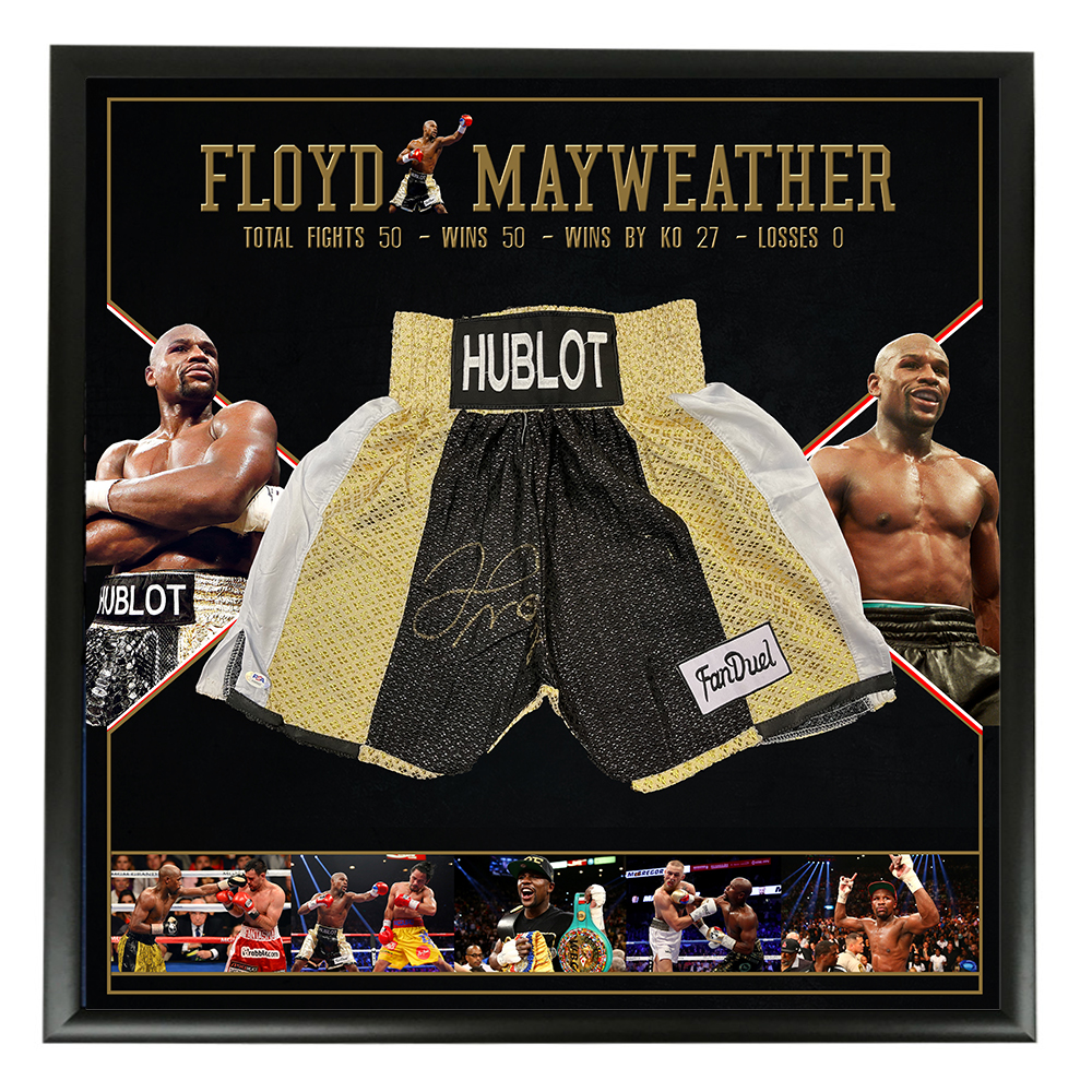 Floyd Mayweather JR Signed and Framed Boxing Trunks (PSA Hologram)