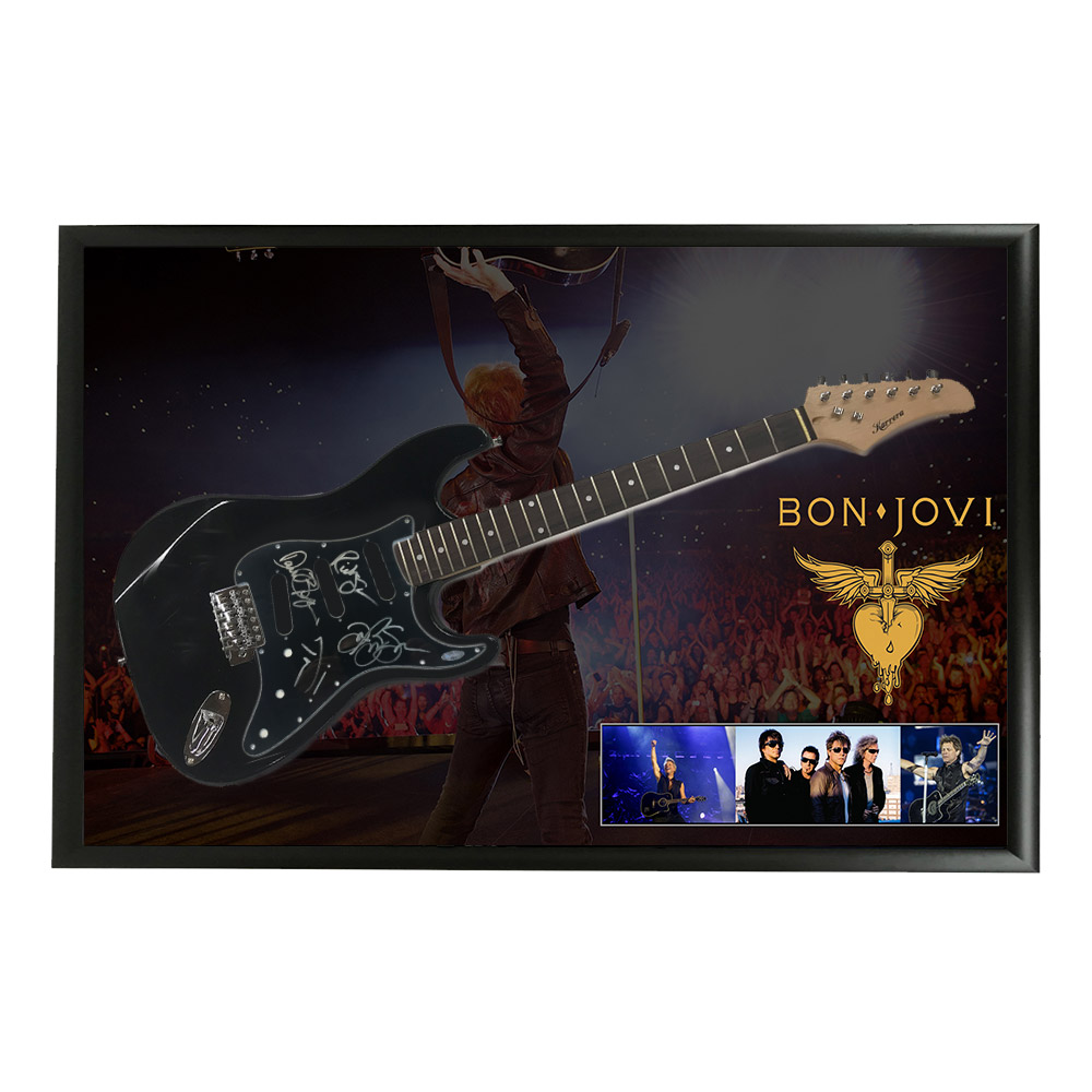 Music – Bon Jovi Band Signed & Framed Guitar with Custom Backdro...