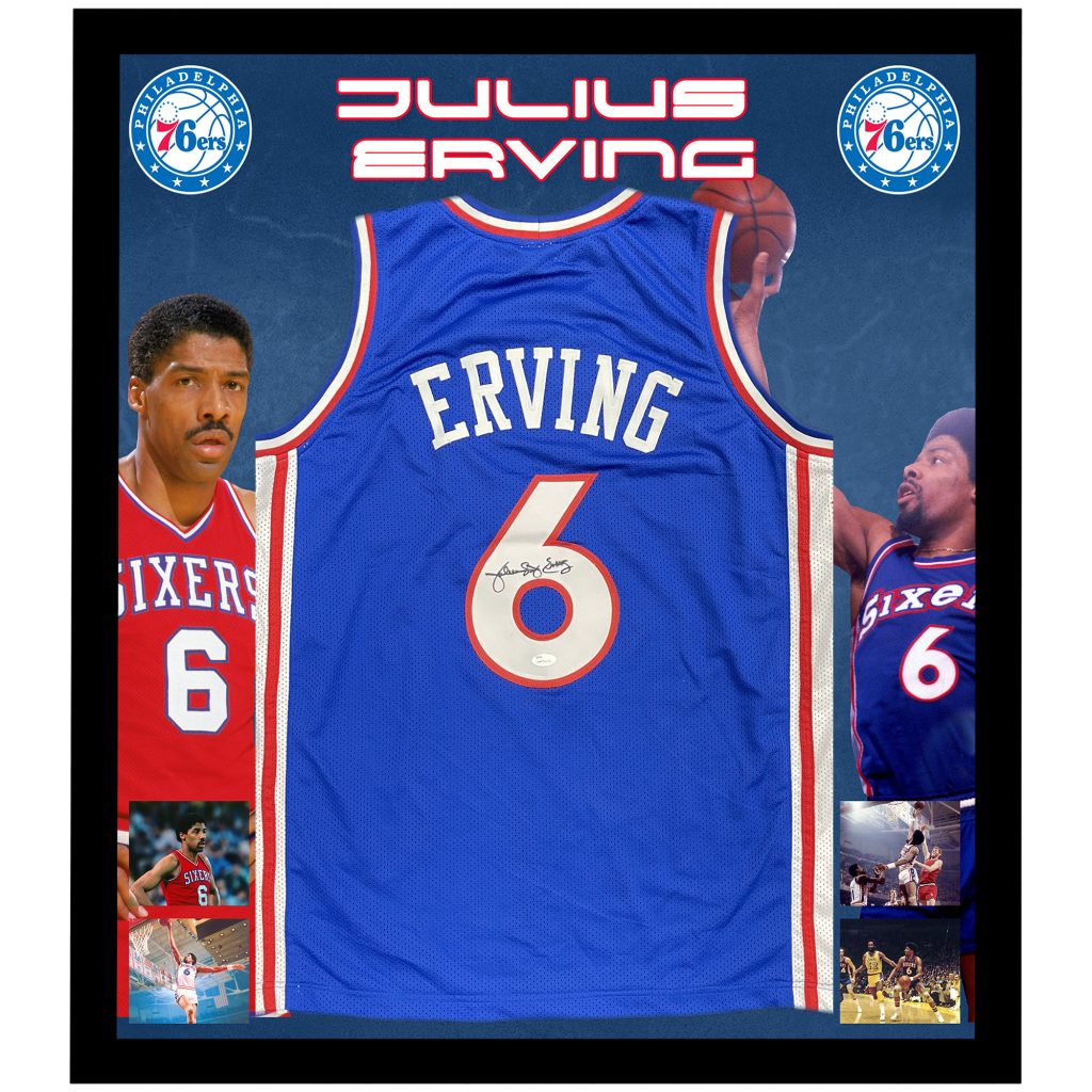 Julius Erving Autographed and Framed Red Philadelphia 76ers Jersey