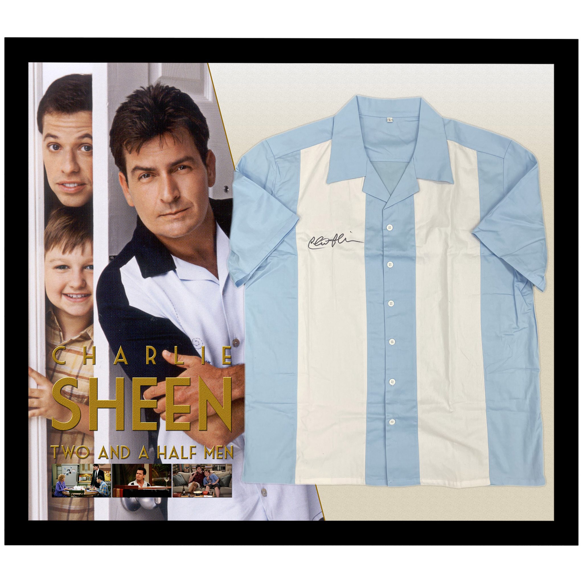 Charlie Sheen Two And A Half Men Signed & Framed Blue Bowling Shirt