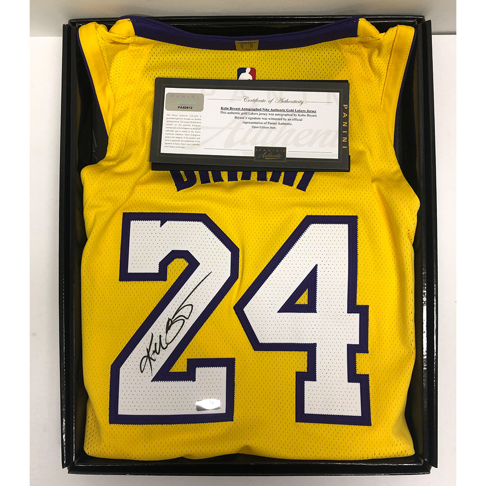 Kobe Bryant Hand Signed Panini Nike Authentic Gold Lakers Jersey, Taylormade Memorabilia