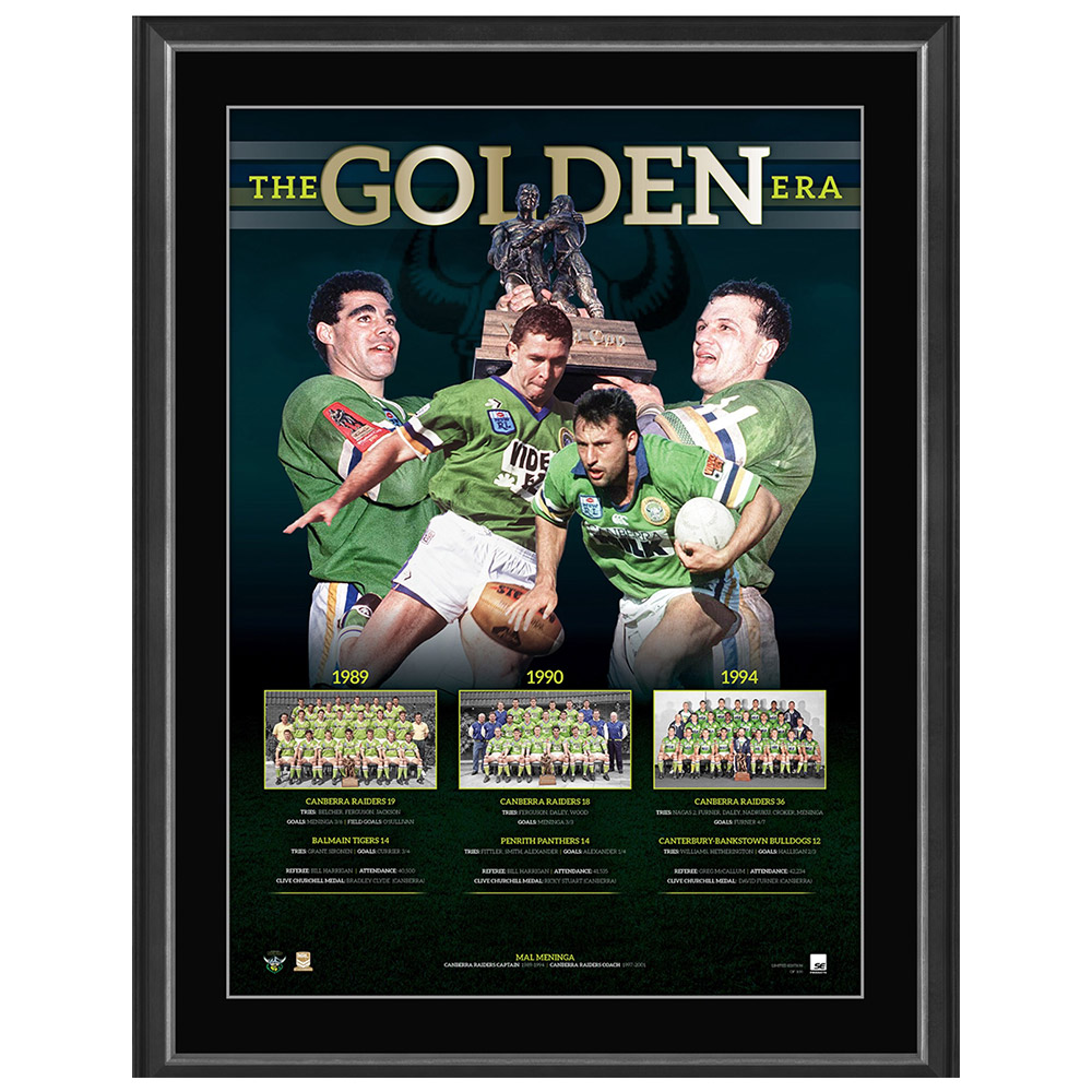 Canberra Raiders – Mal Meninga Signed Framed ‘The Golden E...
