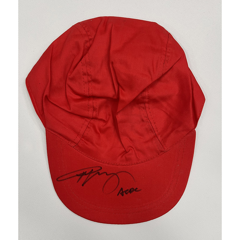 ACDC Angus Young Signed & Framed Red Schoolboy Hat Taylormade Memorabilia Sports