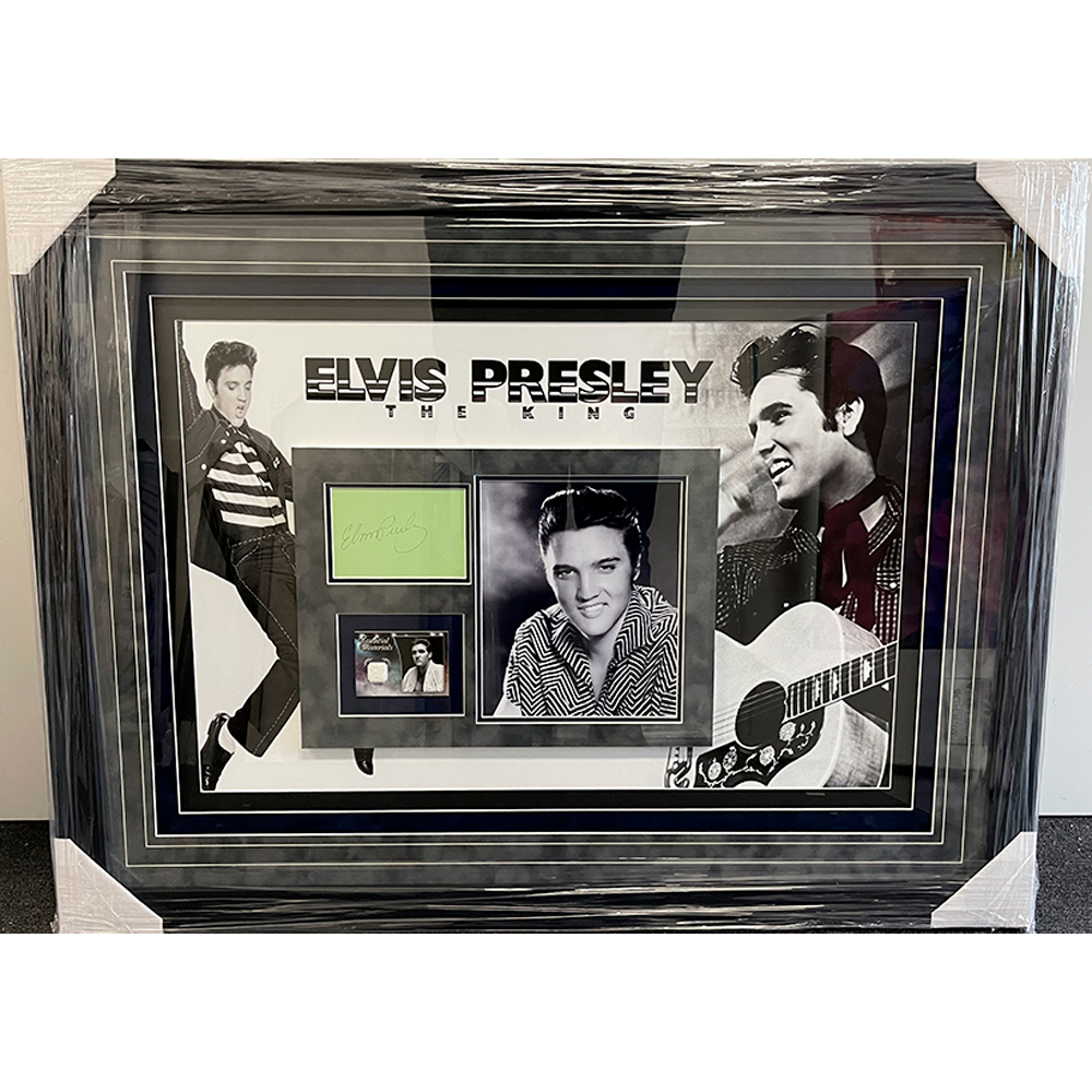 Elvis Presley Signed & Framed Card & Worn Bathrobe Swatch Co...
