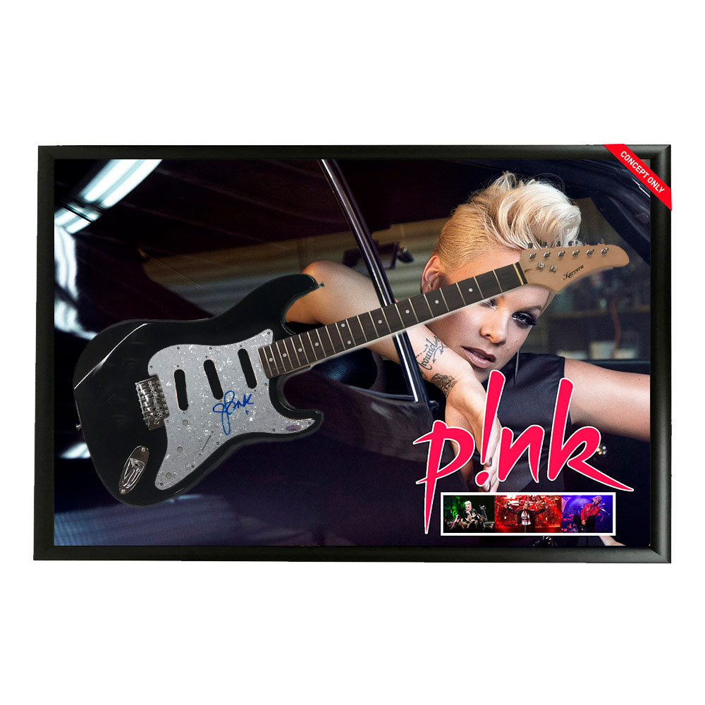 Music – Pink Hand Signed & Framed Full Size Guitar with Cus...