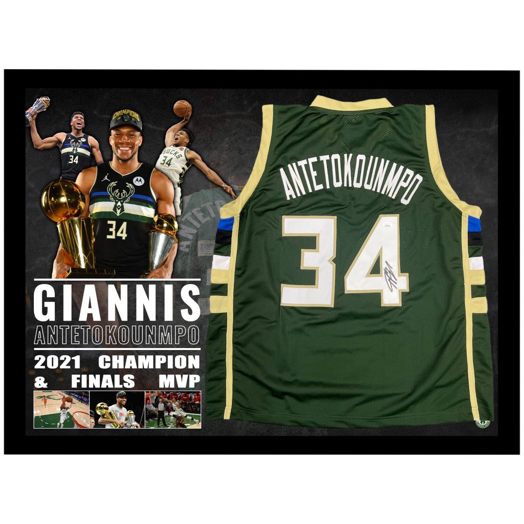 Bleachers Sports Music & Framing — Giannis Antetokounmpo Signed 2021  Milwaukee Bucks Jersey & NBA Championship Photo - JSA COA - Framed