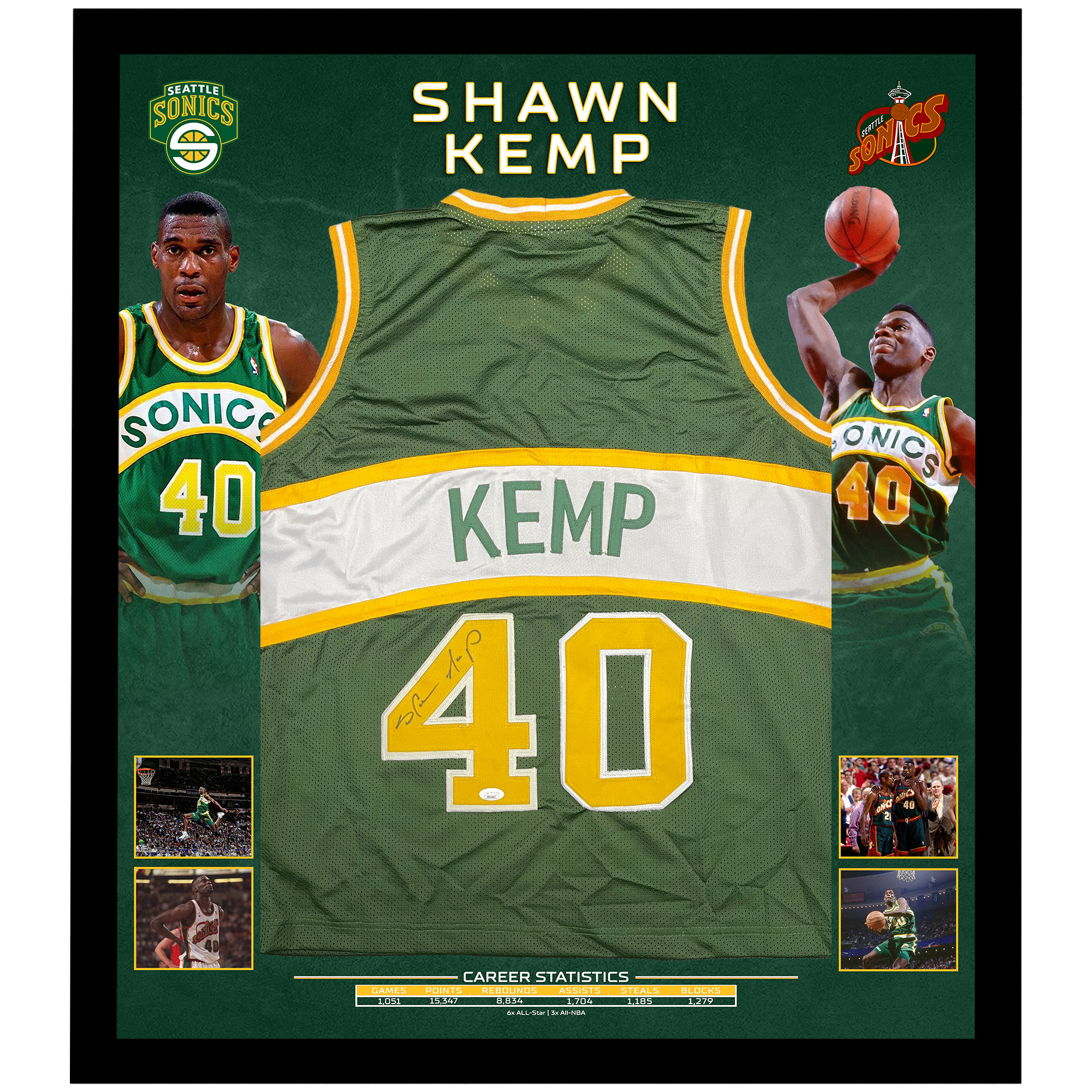 Basketball – Shawn Kemp Signed & Framed Seattle Supersonics...
