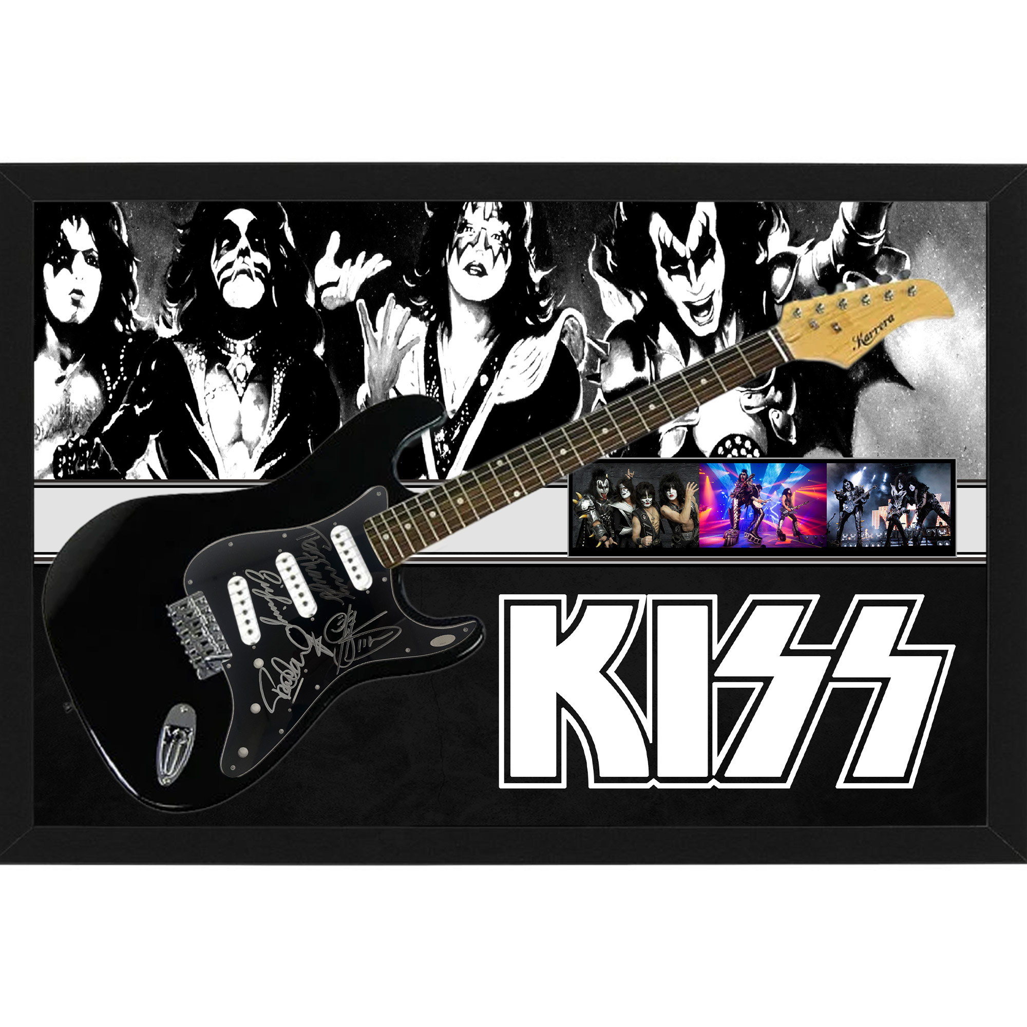 Music – KISS Hand Signed & Framed Full Size Guitar with Bac...