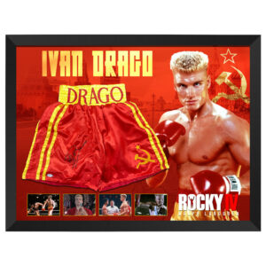 Dolph Lundgren - Signed & Framed Rocky IV Red/Gold Trunks (PSA COA)
