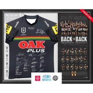 PENRITH PANTHERS 2022 BACK TO BACK PREMIERS TEAM SIGNED JERSEY