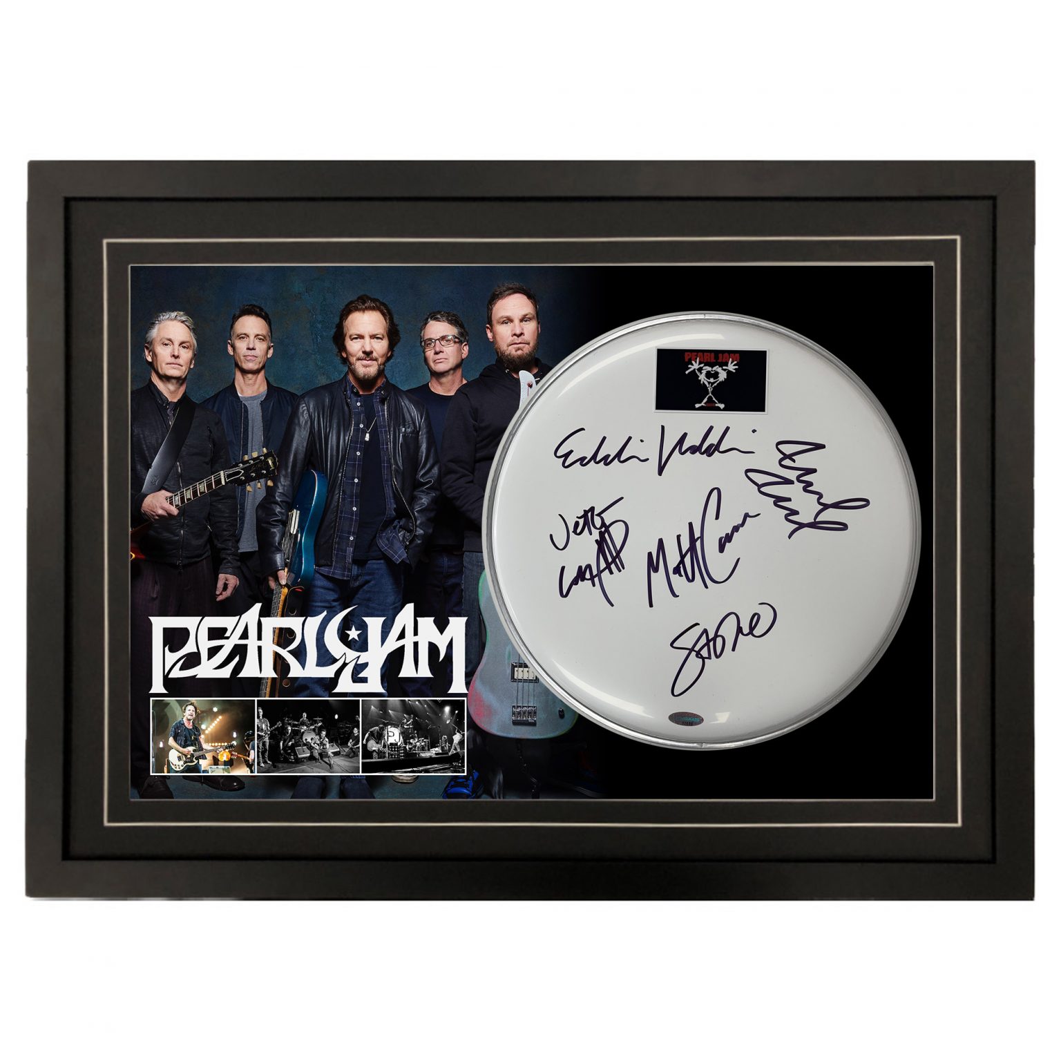 Pearl Jam - Signed & Framed Drumskin #32915 | Taylormade Memorabilia