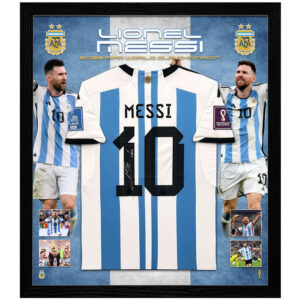 Soccer – Lionel Messi Argentina 2022 FIFA World Cup Champion Backdrop Signed & Framed Jersey