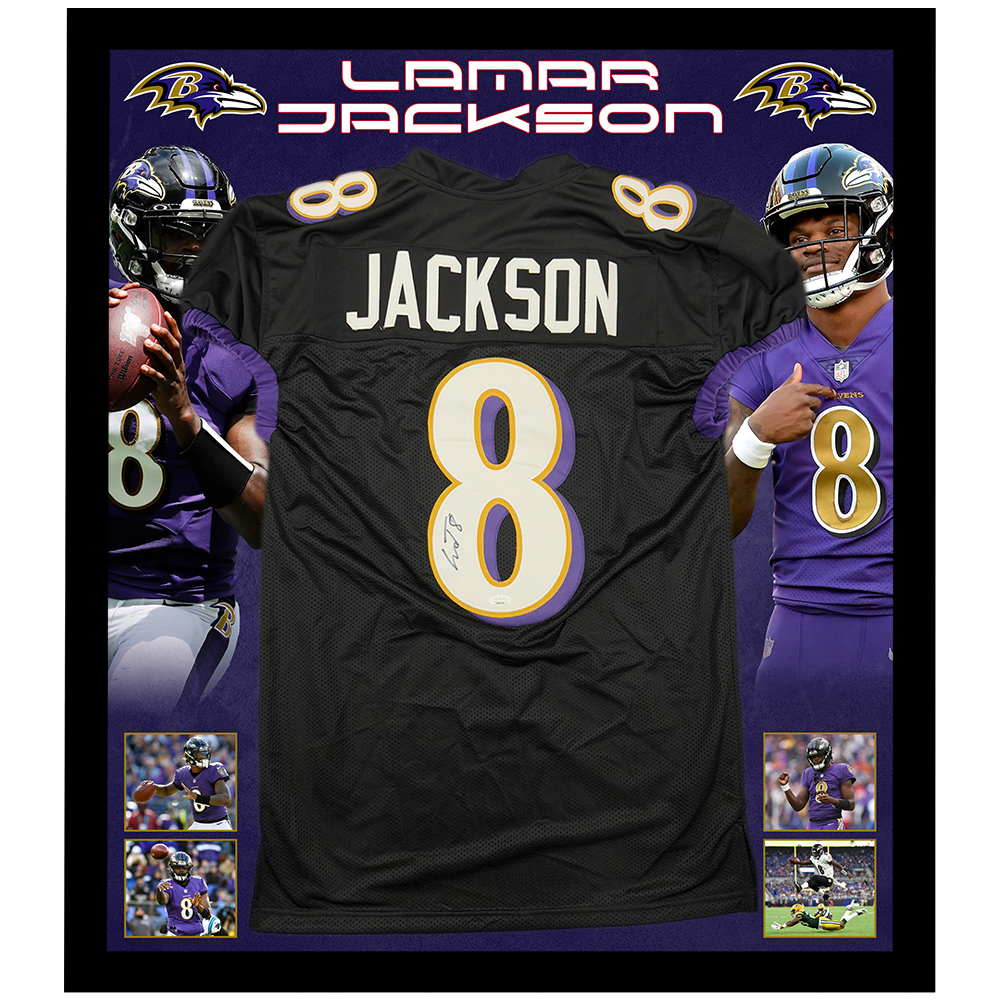 NFL – Lamar Jackson Signed & Framed Baltimore Ravens Black Jers...