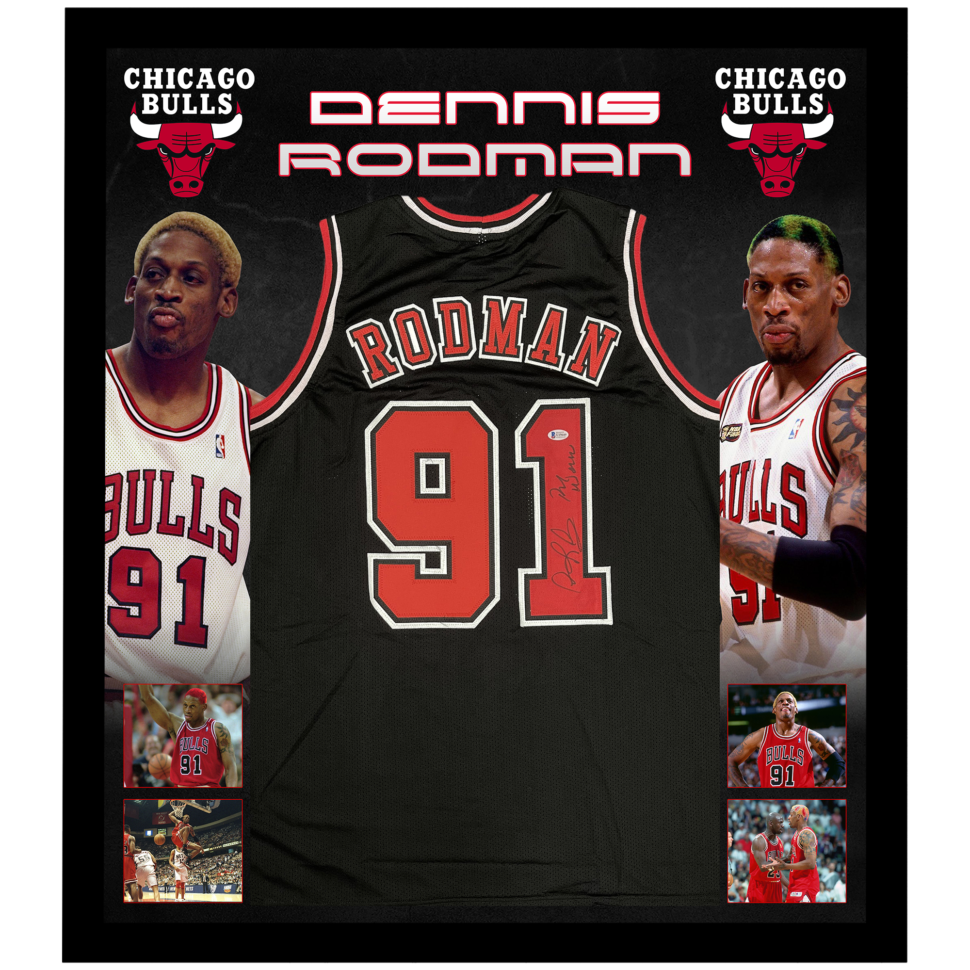 Dennis Rodman Signed Chicago Bulls Jersey - Beckett Authentication Services  BAS COA Authenticated - Professionally Framed & 2 8x10 Photo 34x42