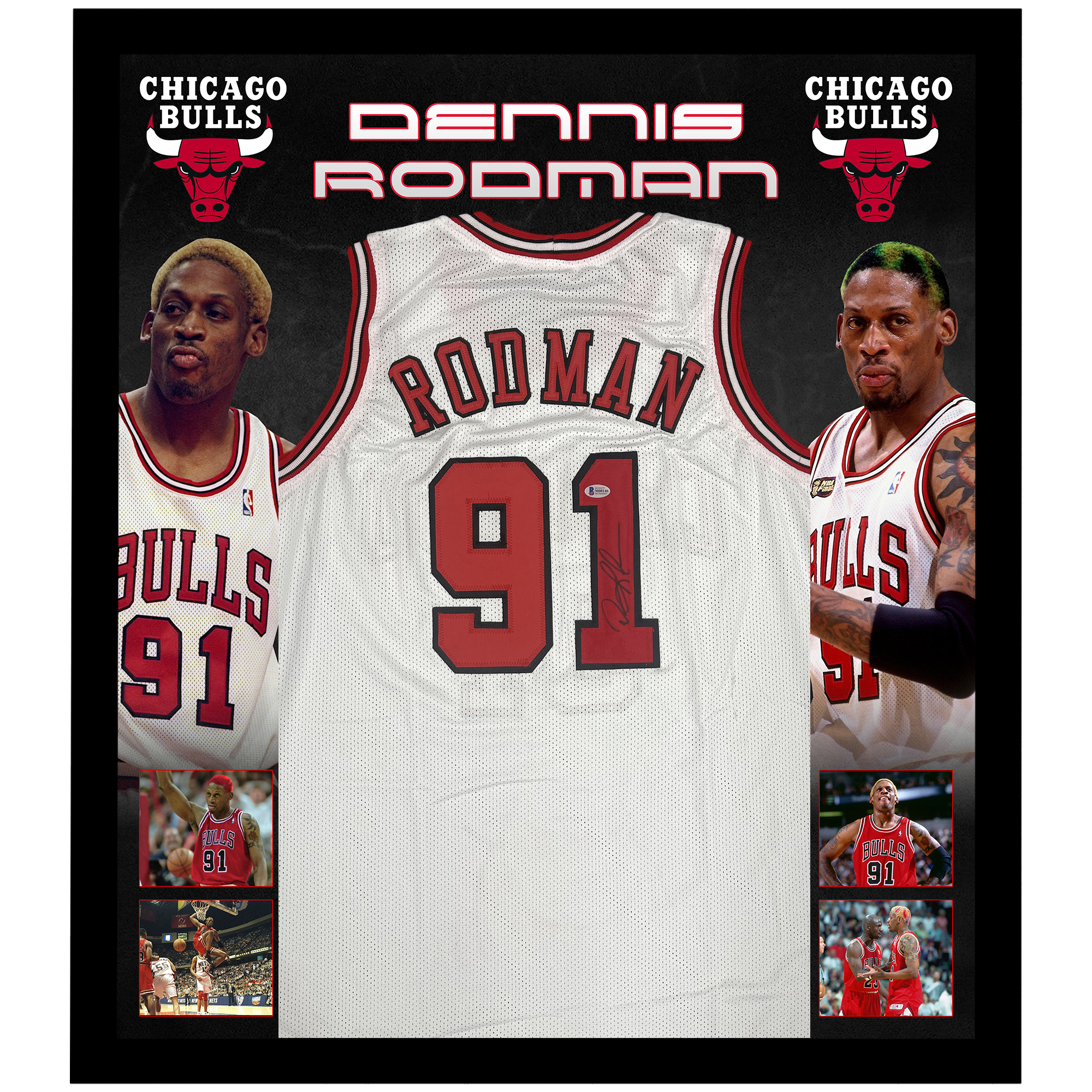 Basketball – Dennis Rodman Signed & Framed White Chicago Bu...