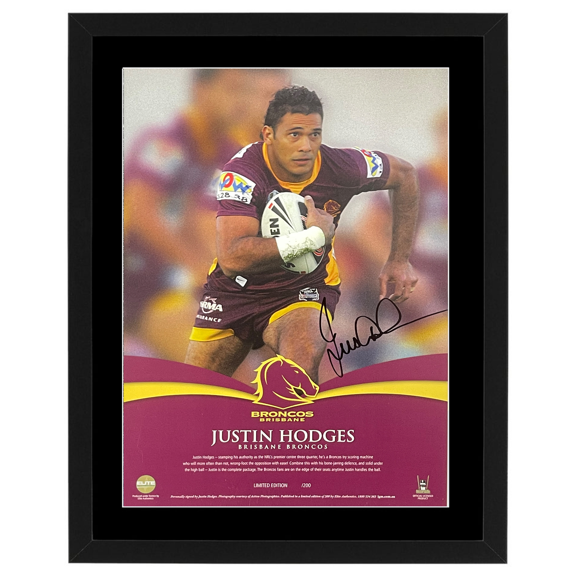 Brisbane Broncos – Justin Hodges Signed Elite Print Framed