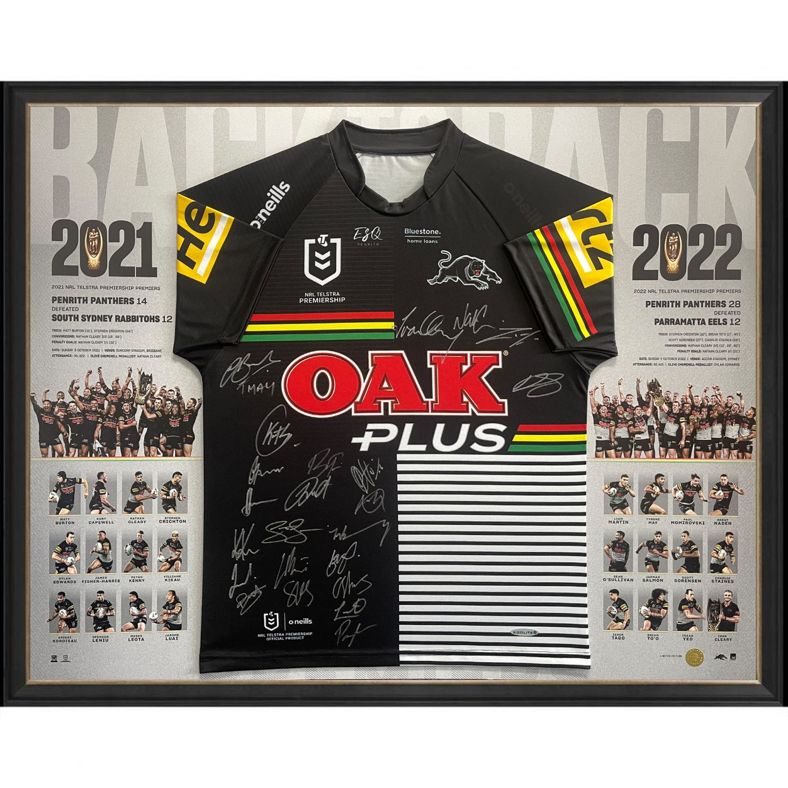 PENRITH PANTHERS BACK 2 BACK TEAM SIGNED SPLIT JERSEY DISPLAY ...