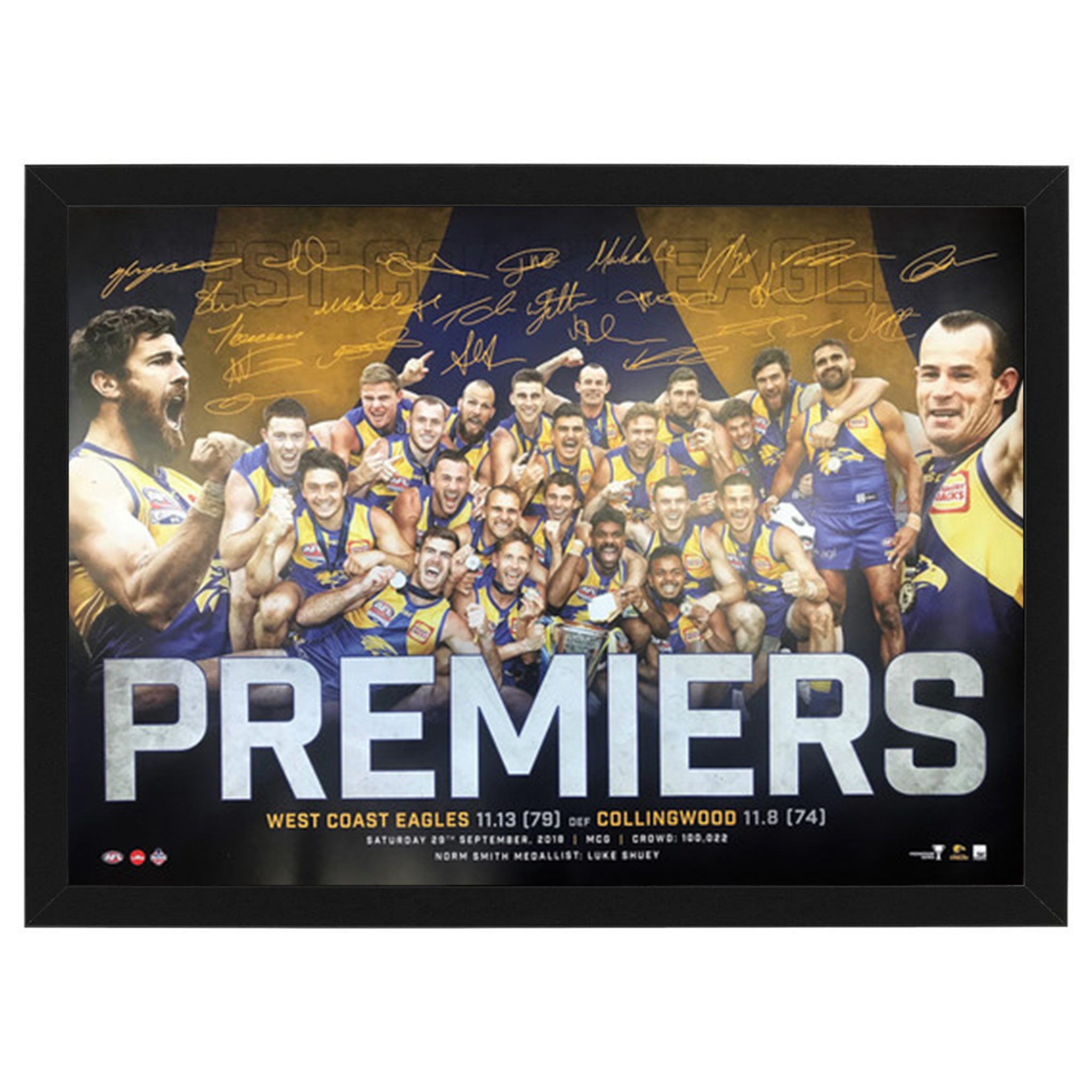 West Coast Eagles 2018 Premiers Facsimile Signed Print Framed Taylormade Memorabilia