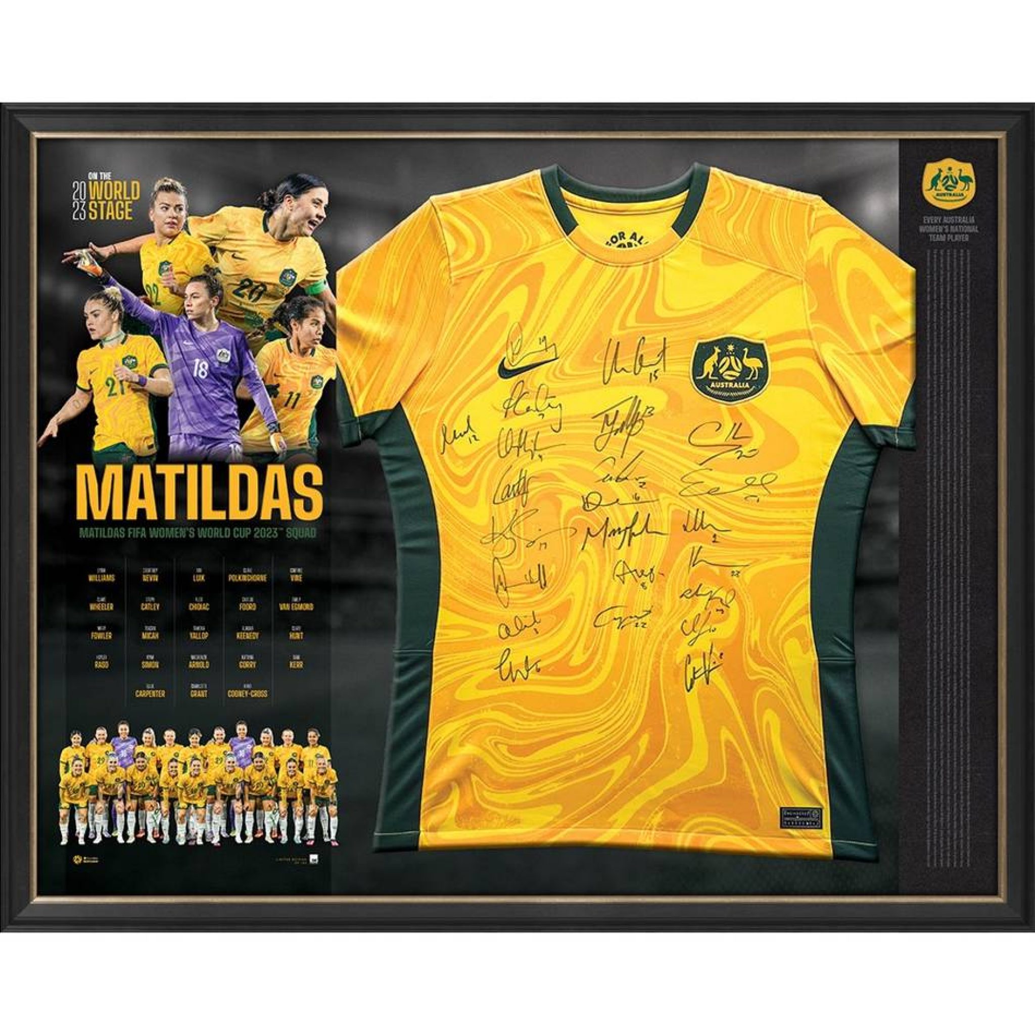 COMMBANK MATILDAS 2023 SQUAD SIGNED JERSEY FRAMED DISPLAY Taylormade