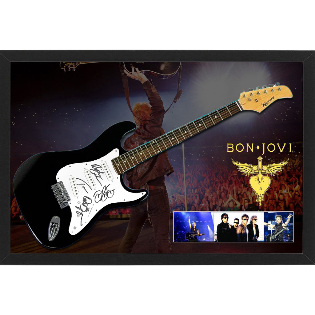 Music – Bon Jovi Band Signed & Framed Guitar With Backdrop