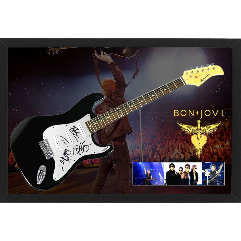 Music – Bon Jovi Band Signed & Framed Guitar With Backdrop #372...