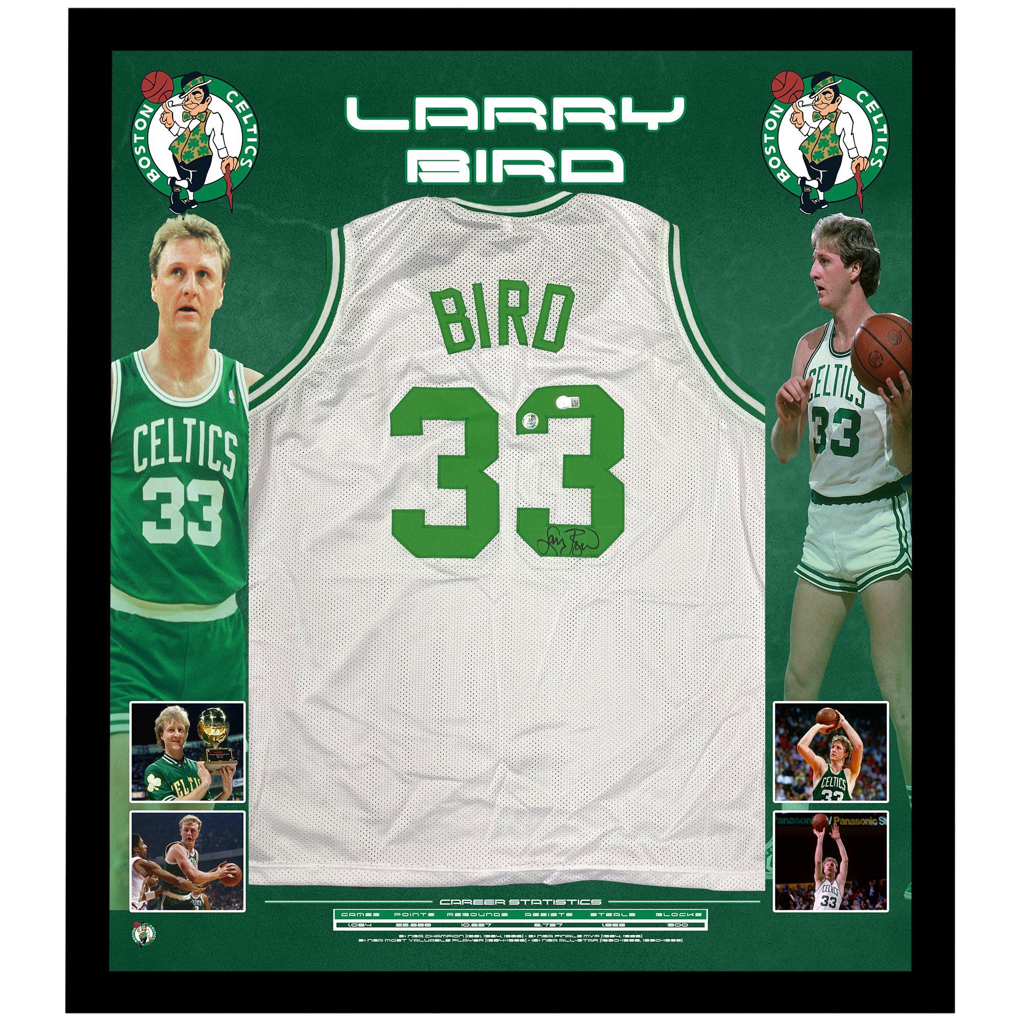 Basketball – Larry Bird Signed & Framed Boston Celtics Whit...