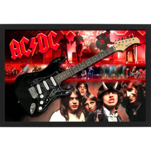 Music - ACDC Hand Signed & Framed Full Size Electric Guitar with Graphic Backdrop