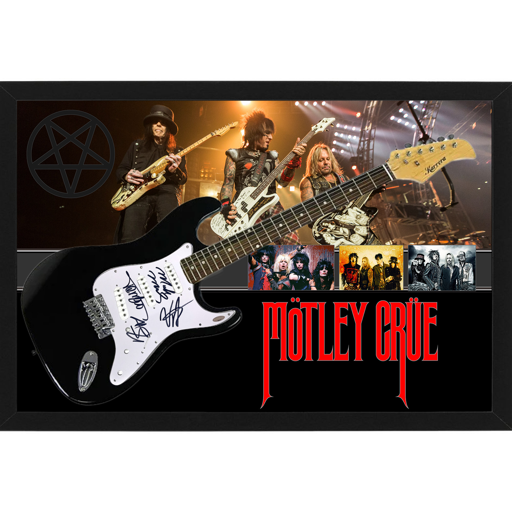Music – Motley Crue Hand Signed & Framed Full size Guitar with Custom Backdrop #35047