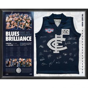 CARLTON BLUES - BLUES BRILLIANCE 1995 AFL PREMIERS SIGNED FRAMED GUERNSEY DISPLAY