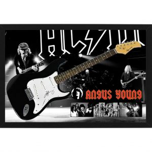 Music - Angus Young ACDC Hand Signed & Framed Full Size Guitar with Custom Backdrop
