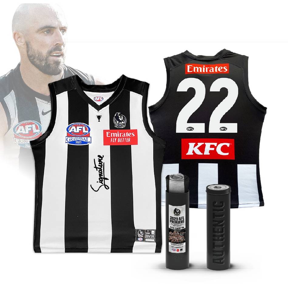 COLLINGWOOD MAGPIES STEELE SIDEBOTTOM SIGNED 2023 GRAND FINAL GUERNSEY