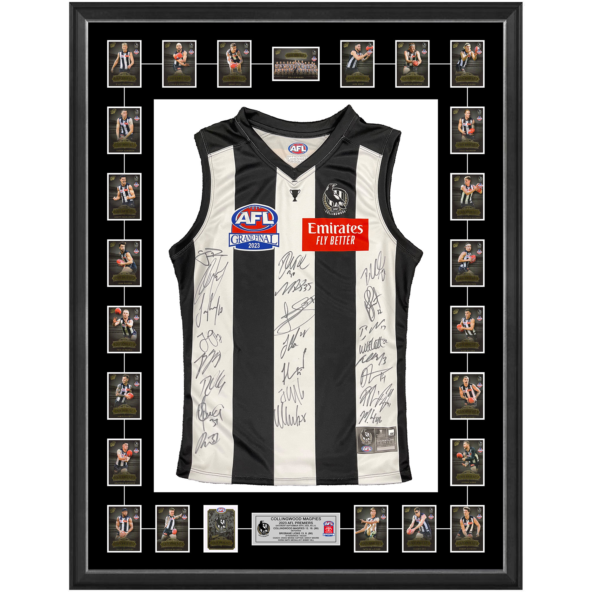 COLLINGWOOD 2023 PREMIERS TEAM SIGNED & FRAMED GUERNSEY WITH SELE...