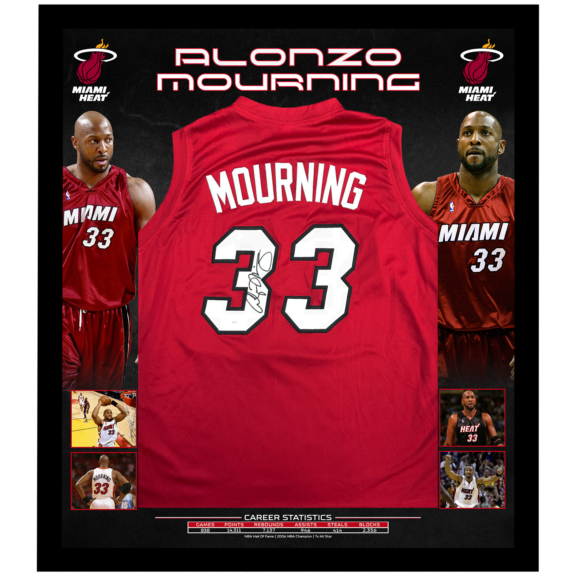Basketball – ALONZO MOURNING Signed & Framed Red Miami Heat...