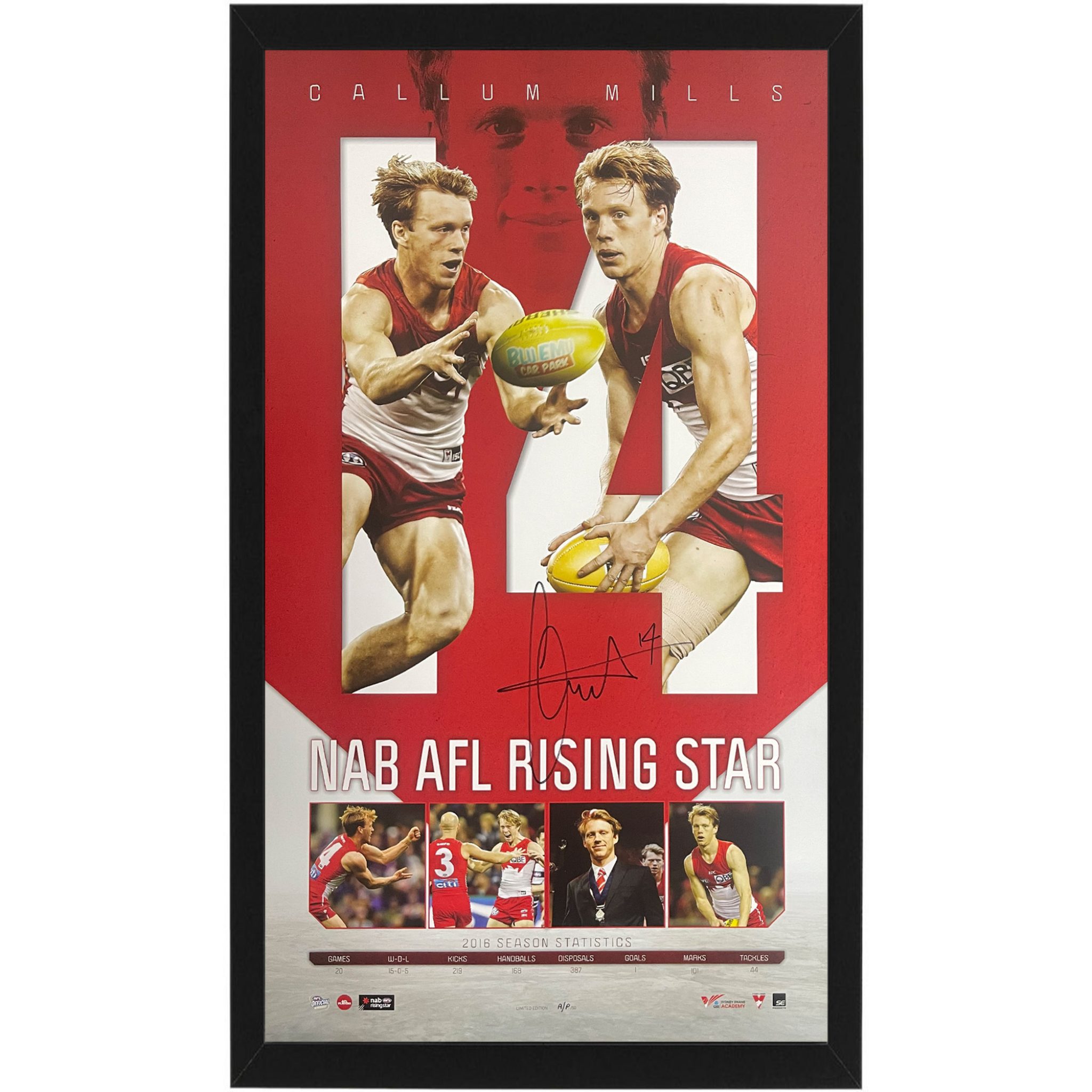 Sydney Swans - Callum Mills Signed & Framed 2016 NAB Rising Star 