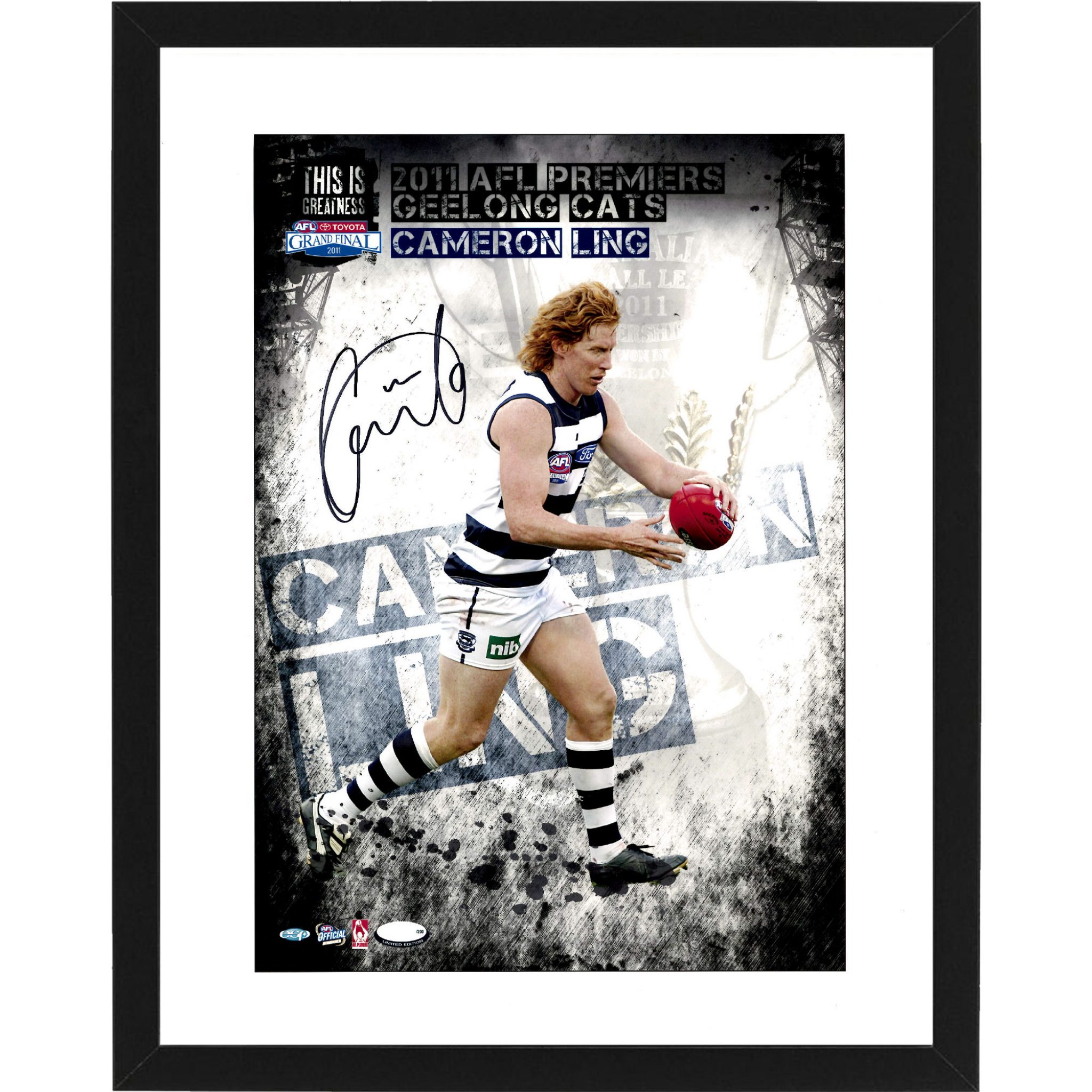 Geelong Cats - CAMERON LING Signed & Framed 2011 Premiers Hero Shot ...