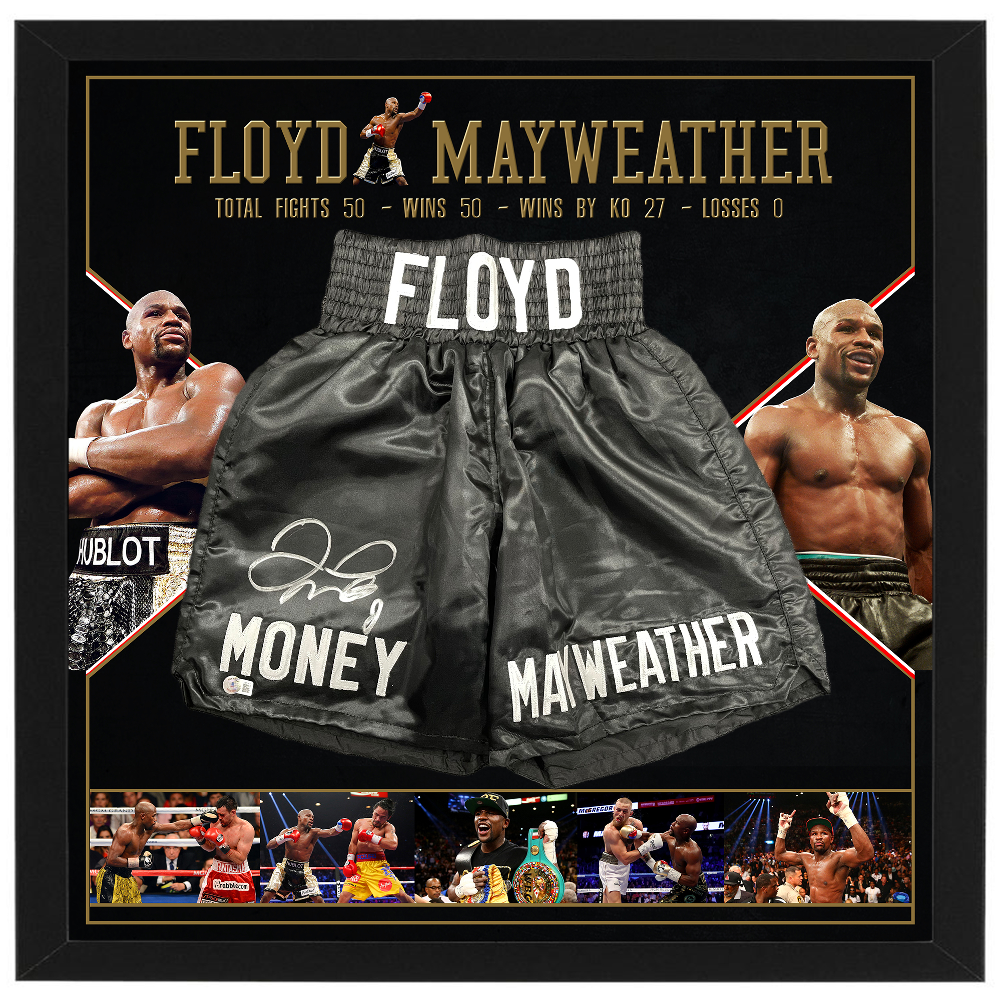 Floyd Mayweather JR Signed and Framed Black Boxing Trunks (Beckett Hol...