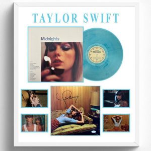 Music - Taylor Swift - Midnights Moonstone Blue Framed Vinyl Album With Signed Print (JSA Hologram)