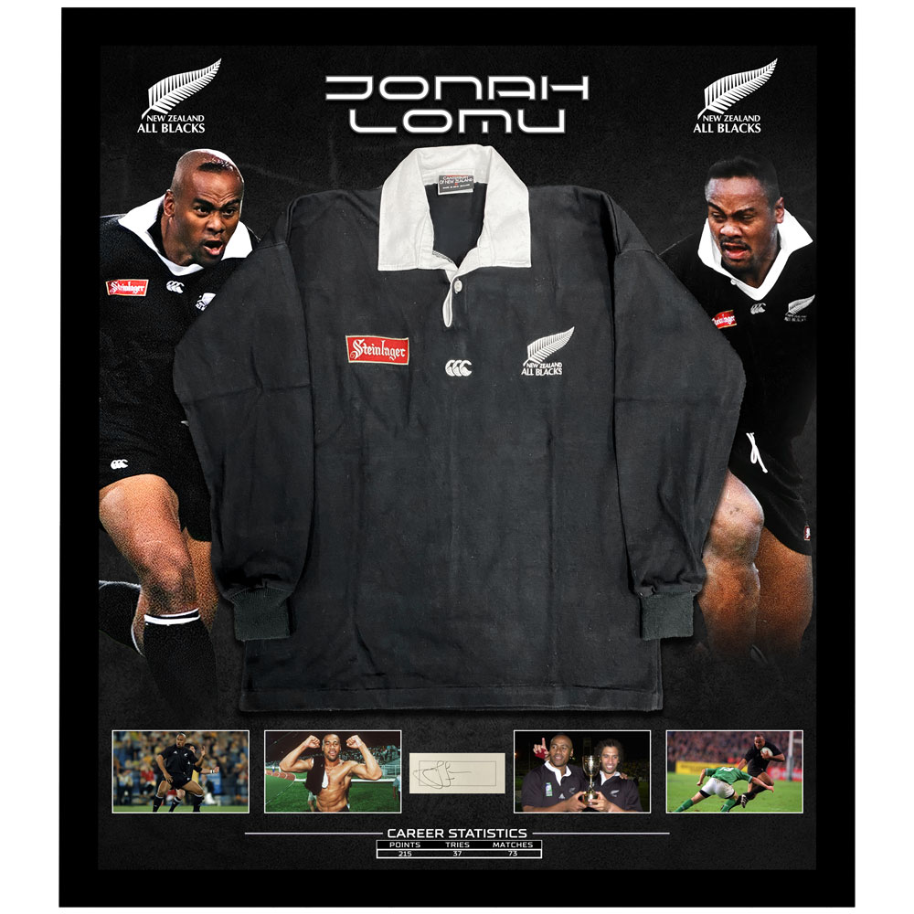 Rugby Union – Jonah Lomu All-Blacks Signed Card with Framed Jers...