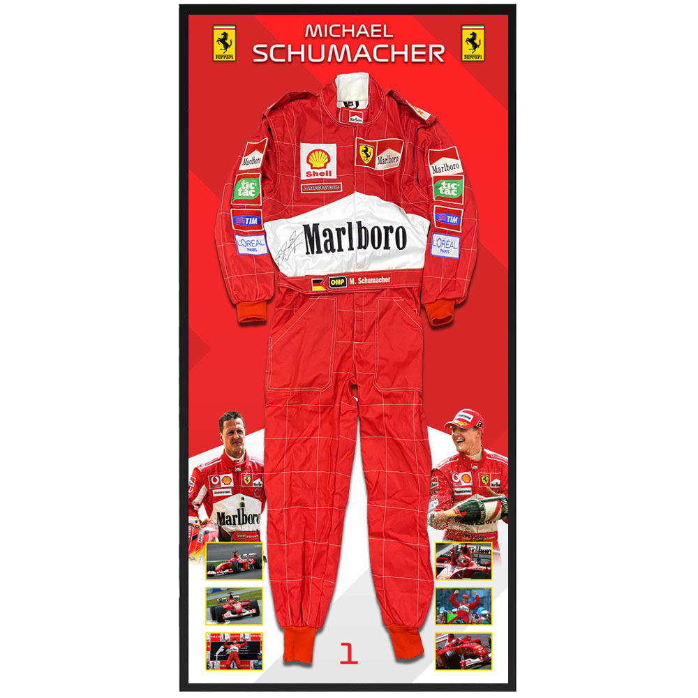 Michael Schumacher Signed & Framed Full Size Formula One Race Sui...