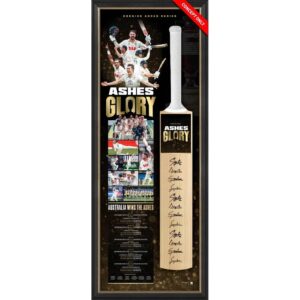 CRICKET - AUSTRALIA 2025-26 ASHES GLORY TEAM SIGNED BAT DISPLAY