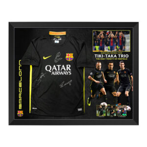 Soccer – Xavi, Andres Iniesta & Sergio Busquets Signed & Framed Barcelona Jersey (ICONS)