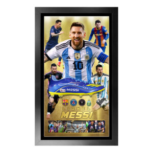 Lionel Messi Signed & Framed Soccer Boot - Career Backdrop (Beckett)