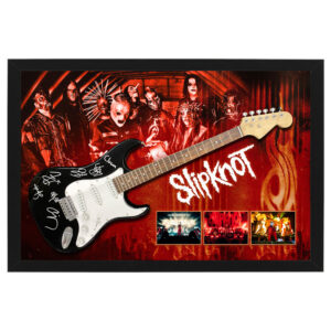 Music – Slipknot Hand Signed & Framed Full Size Guitar With Backdrop